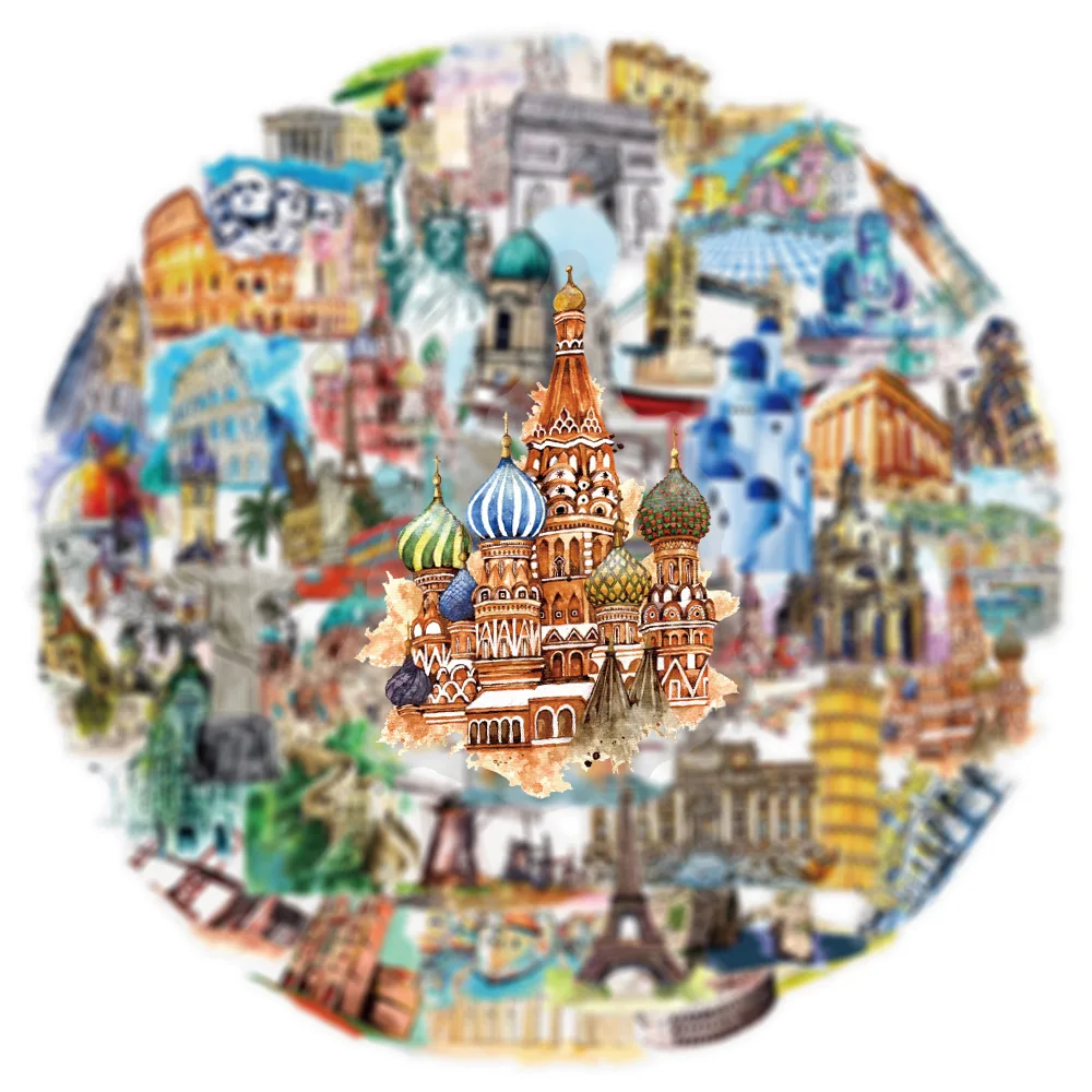 

50PCS Transparent Travel World Landmark Building Stickers Phone Laptop Luggage Guitar Notebook Stickers Kids Stationery Decals