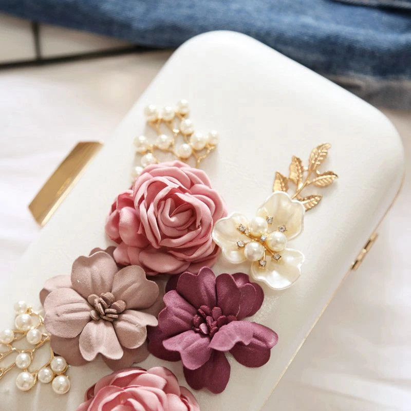 A51M-Women Clutches Purses Bags Flower Leather Envelope Pearl Wallet Evening Handbag(White)