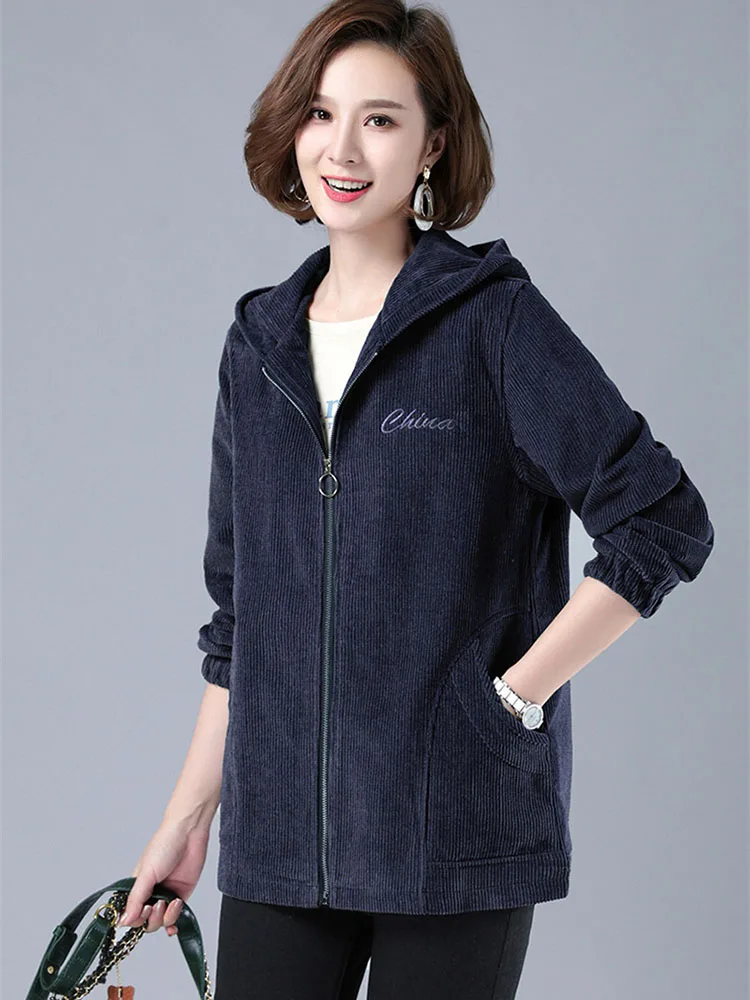 Middle-age Women's Corduroy Short Jacket Hooded Coat Oversize Loose Tops Female Fleece Thicken Cosy Casual Coats Autumn Winter