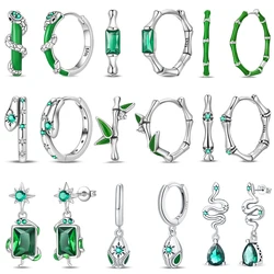New 925 Sterling Silver Earrings Green Serpentine Snake Gem Bamboo Joint Hoop Earring For Woman Classic Party Jewelry Lucky Gift