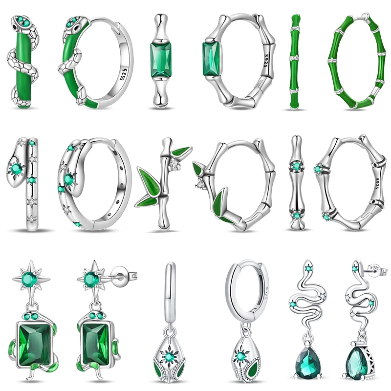 New 925 Sterling Silver Earrings Green Serpentine Snake Gem Bamboo Joint Hoop Earring For Woman Classic Party Jewelry Lucky Gift