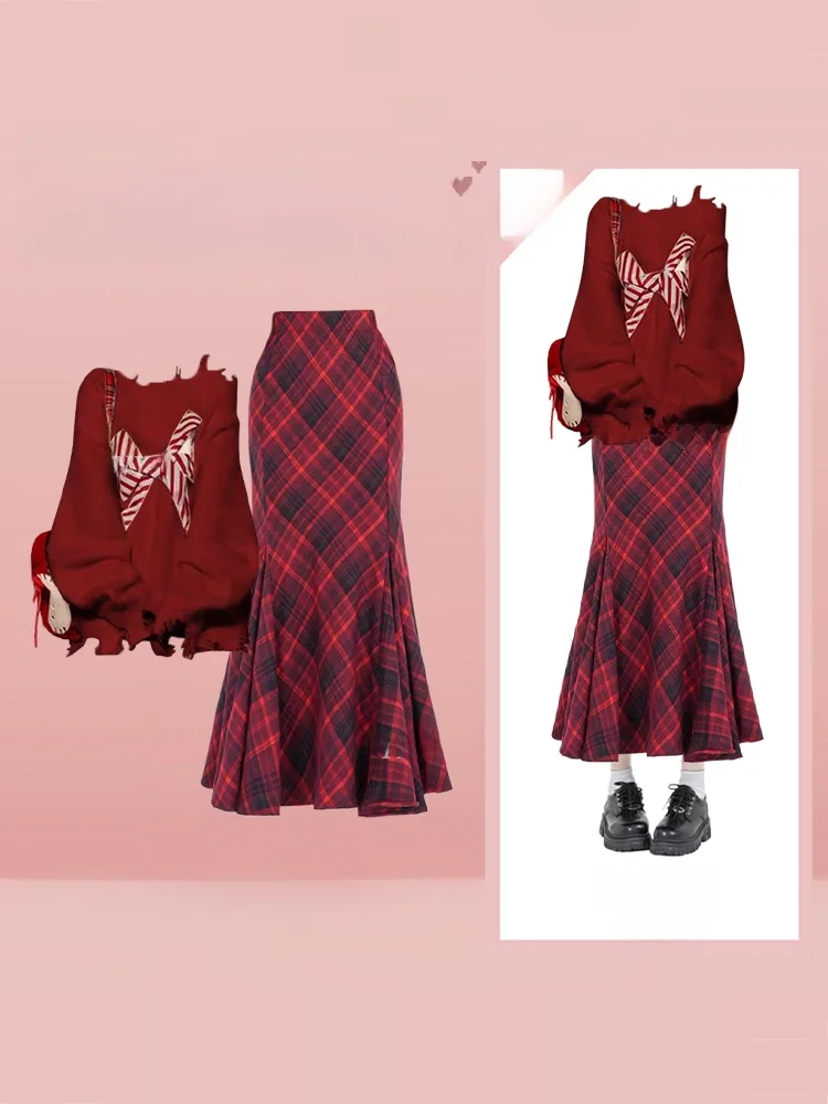 

Красный вязаный свитер и юбка с хвостом Fi, винтажный комплект с клетчатым принтом и узлом, зимний новогодний женский модный наряд