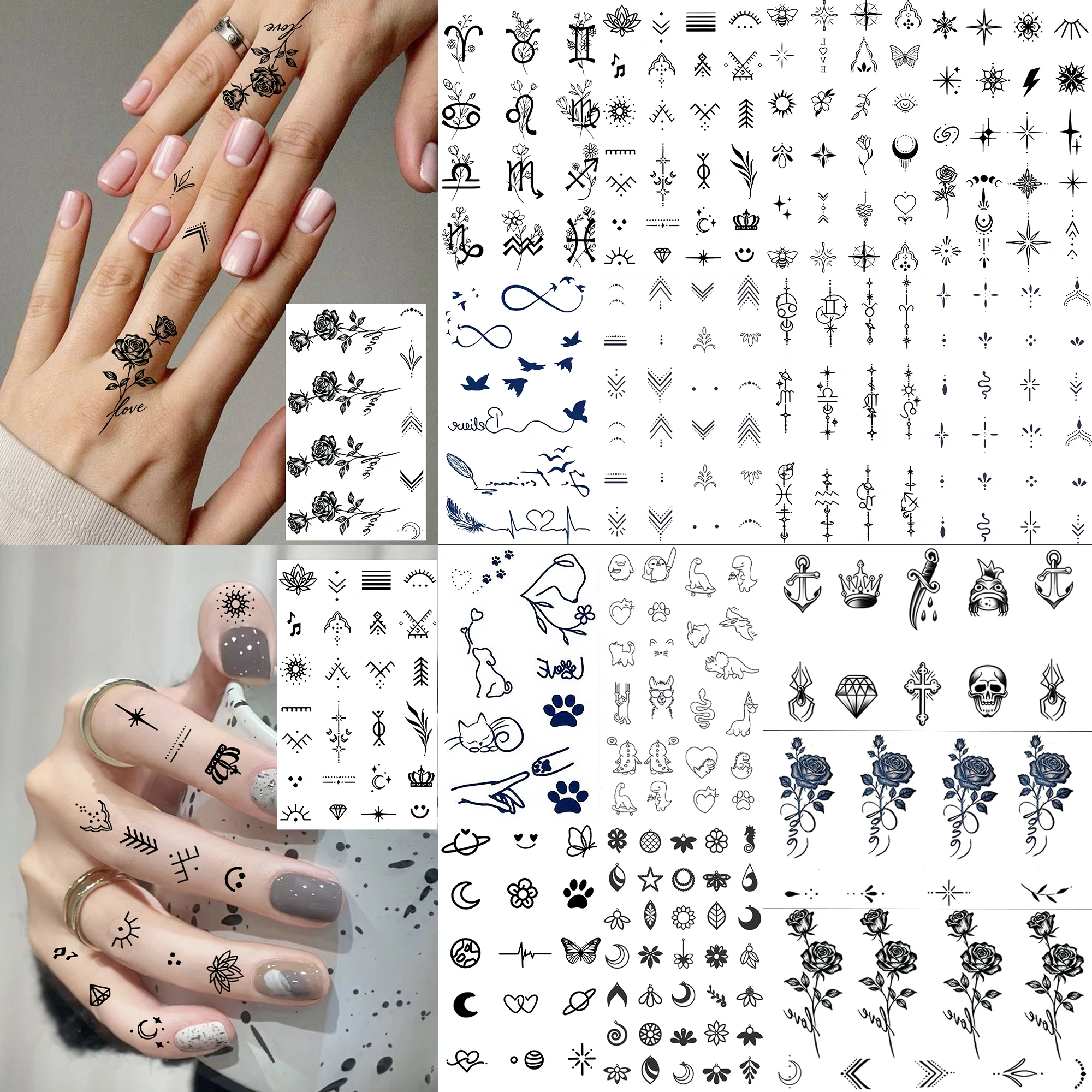 1 Sheet Rose Skull Arrow Temporary Tattoos For Adult Finger Hands, Small Fake Tattoo Stickers Realistic Planet Dinosaur Tatoos