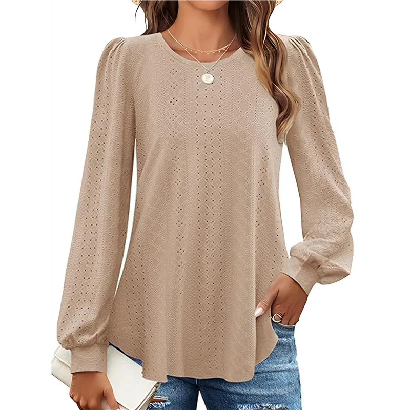 

Long Sleeve Eyelet Tops For Women 2025 Spring Fall Crew Neck Shirts Casual Loose Blouse Trend Outfits Clothes