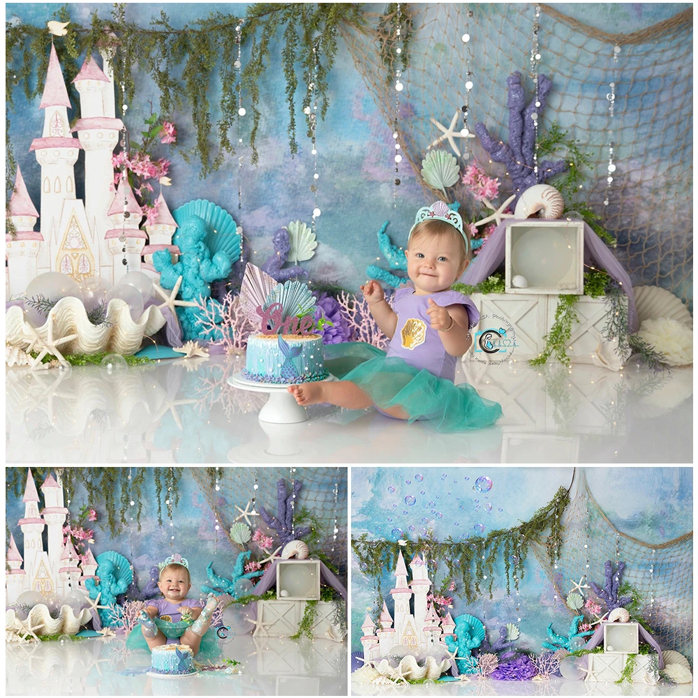 

Mermaid Princess Photo Background Children Birthday Cake Smash Photography Backdrop Blue Sea Castle Photo Studio Props