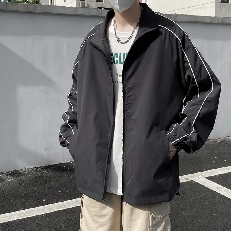 Reflective Striped Stand Collar Jacket for Men Casual Loose Style Spring Autumn Versatile Hong Kong Style Windbreaker Coat