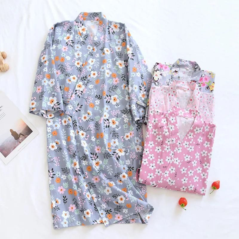 

New Japanese Cotton Kimono Nightgown - Cute Long Sleeve Bathrobe for Women, Spring/Autumn Spa Sleepwear