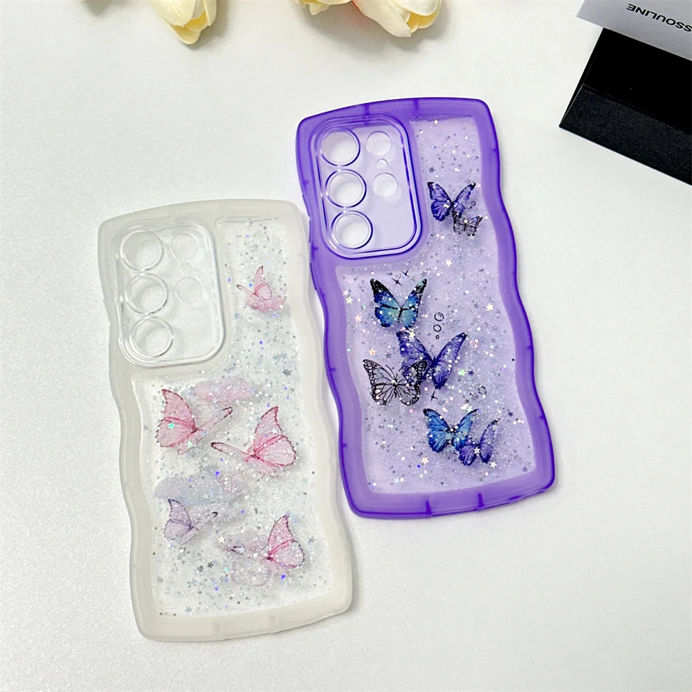 Butterfly Bling Glitter Wave Frame For Samsung S24 S23 S22 Plus Ultra FE A13 A14 A15 A53 A54 A55 A35 Sequins Clear Bumper Cover