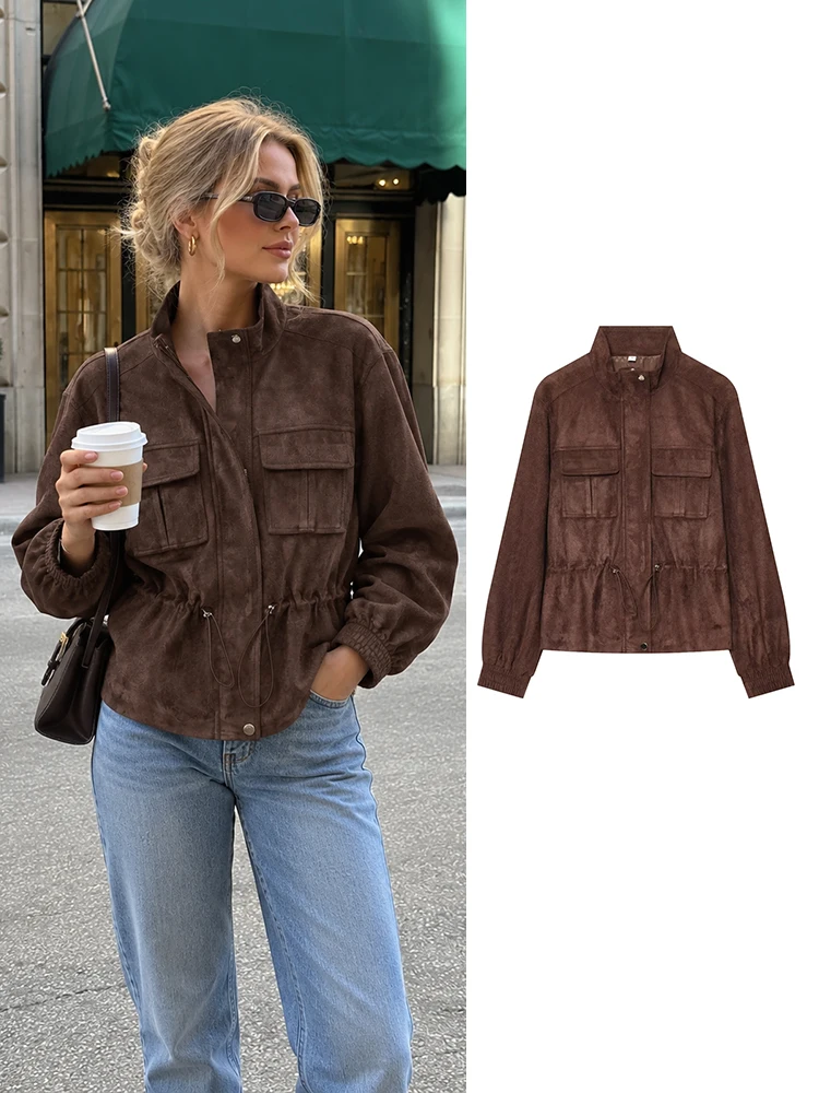 HH Women Spring Autumn Faux Suede Utility Jacket Stand Collar Coat With Flap Chest Pockets Outerwear For Daily Commute Casual