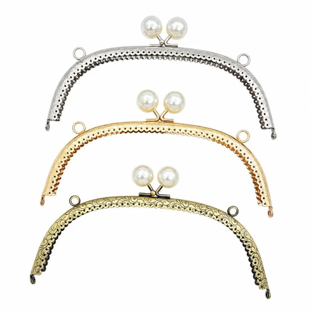 New Embossed Metal Kiss Clasp Frame Pearl Bead Lock Pre-punched Holes Purse Frame Curved Shape Bag Hardware Sewing Project
