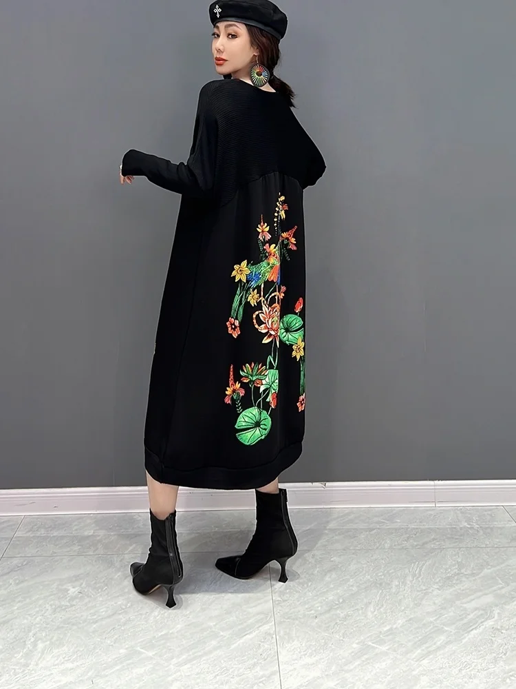 Vefadisa 2024 Autumn Fashion Women Round Neck Pullover Dress Loose Mid-length Printing Embroidery Knitting Dress Black LHX2550