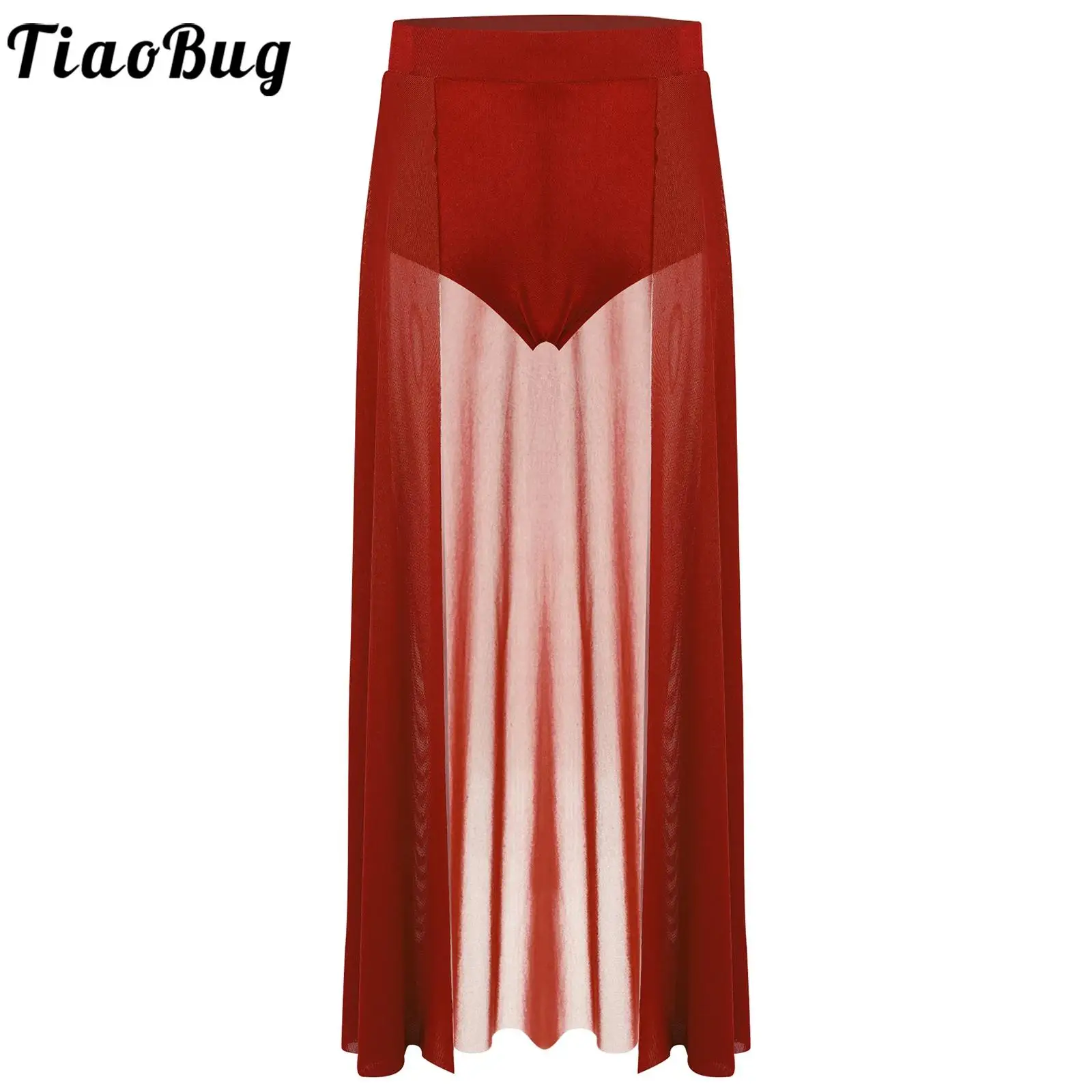 

Kids Girls Figure Skating Gymnastic Dance Skirts Open Front Mesh Long Skirts with Built-in Briefs for Lyrical Modern Dance