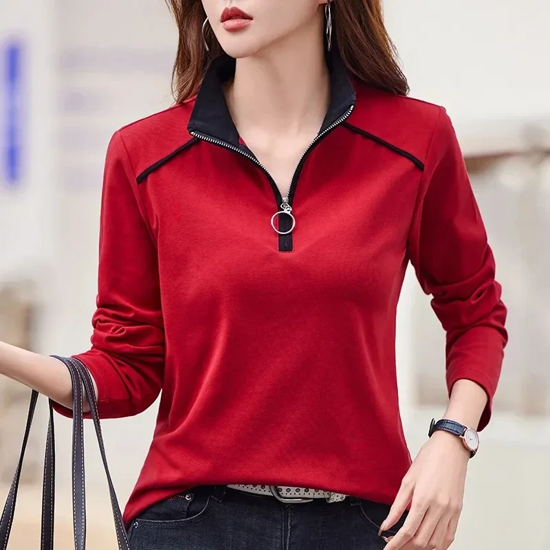 Fashion Stand-up Collar Long-Sleeved Bottoming Shirt T-Shirt Women's Spring Sutumn New Loose Versatile Sports  Lapel Top KX87