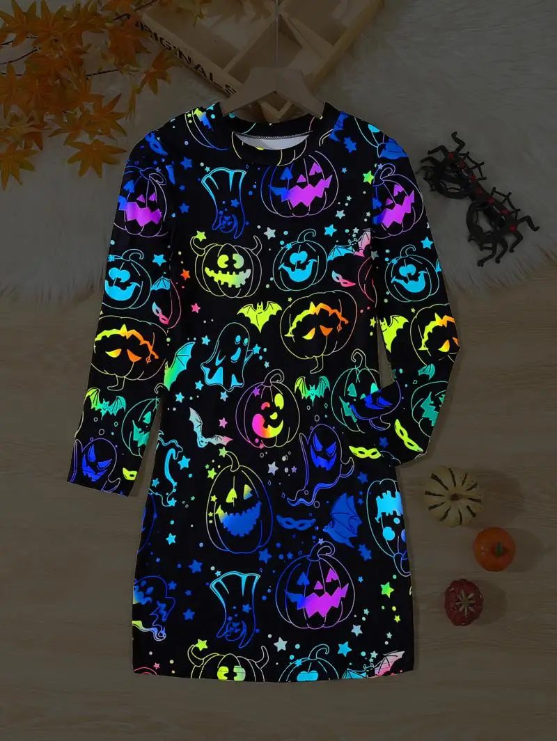 New Pumpkin Bat Cartoon Printed Long Sleeve Dress for Girls In Autumn and Winter Halloween and Christmas Night Light Dress