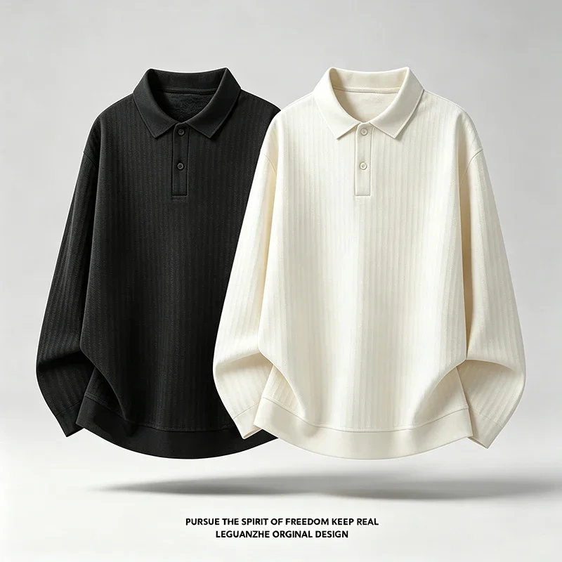 Mens Solid Vertical Ribbed Long Sleeve Polo Top Lapel Collar Loose Casual Pullover Fashion Daily Wear Autumn Mens Clothing
