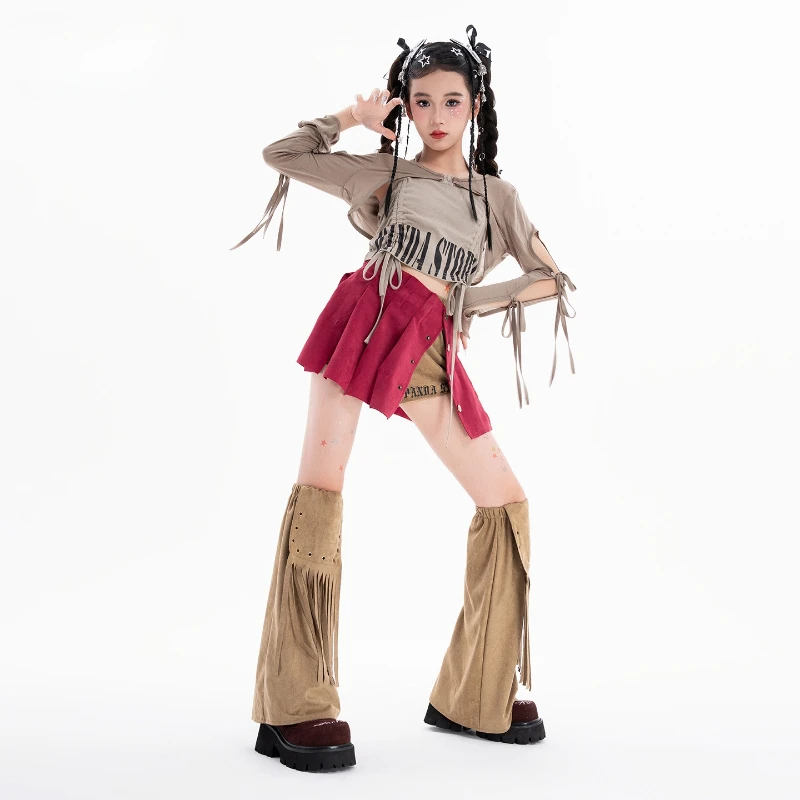 

Girls Retro Hip Hop Street Dance Costume Khaki Navel Tops Pants Outfits Fashion Kpop Wear Group Jazz Stage Performance Clothing