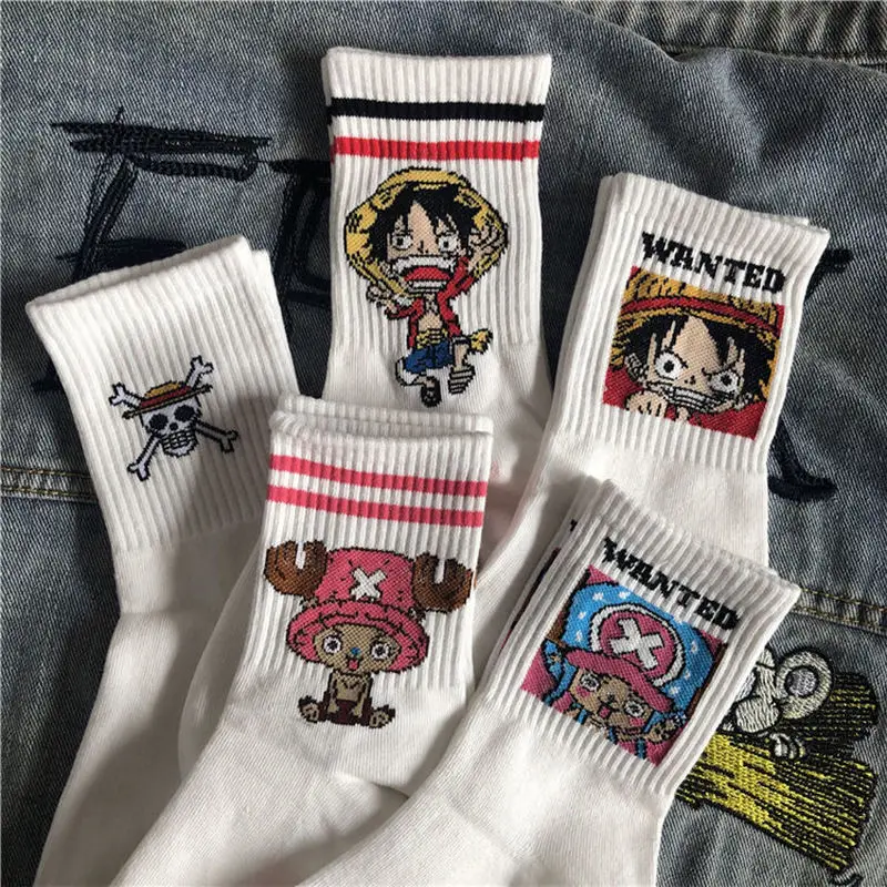 5 Pair Anime One Piece Socks Cartoon Luffy Chopper Student Cotton White Long Short Boat Socks Printed Knitted Socks Gift