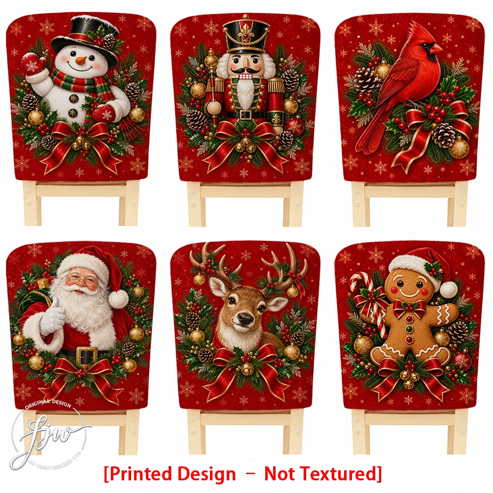 2/4/6pc Christmas Chair Back Covers Festive Holiday Dining Chair Slipcovers with Santa Snowman Nutcracker Designs