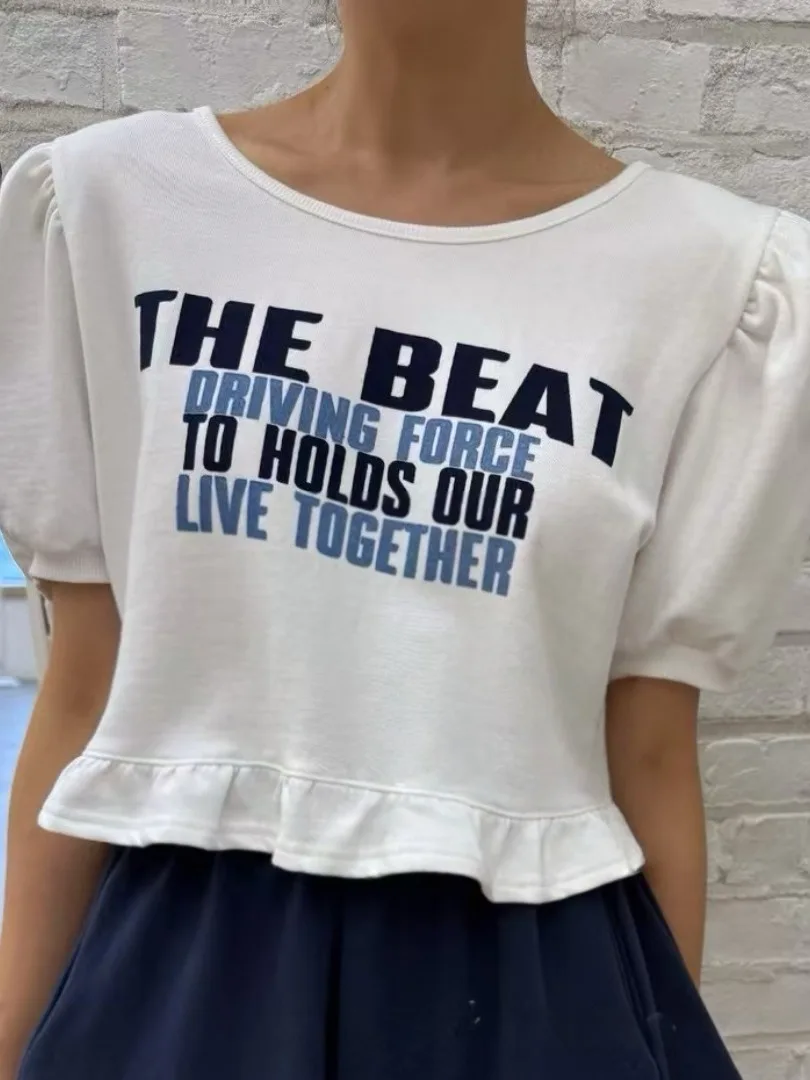 

Chic Street Sle round Ne Bal Bubble Sve T-irt with Bow Tie ort Letter Print And Wood ain for Women