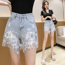 Womens Summer Denim Shorts 2024 Y2k Elegant Fashion High Waist Diamond Studded Rhinestones Sequin Jean Pants for Ladies