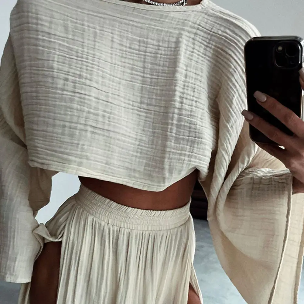 Women Crop Top Skirt Set Cotton Linen Long Sleeve Slant Neck Short Top Split Skirt Vacation Beach Club Party Top Skirts Set