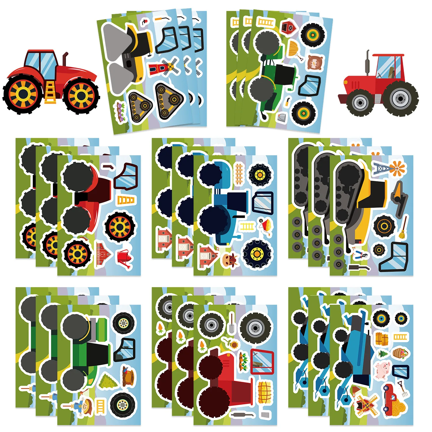 8/16Sheets New Engineering Vehicle Make a Face Puzzle Stickers DIY Laptop Phone Guitar Handicrafts Waterproof Sticker Kid Toys