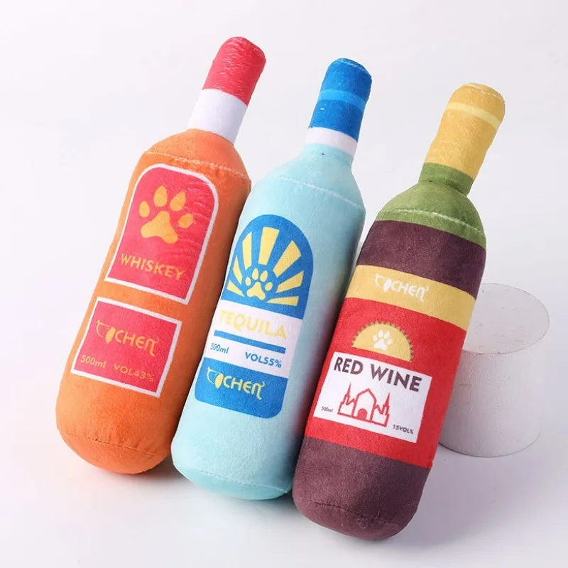 Pet Toys Make Sounds Cats Dogs Toys Red Wine Bottle-shaped Tear-resistant Bite-resistant Anti-boring Q Cute Plush Toys Cute