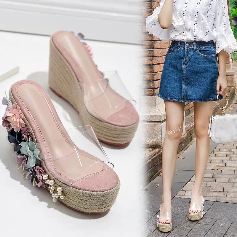 Clear PVC Flower Platform Slippers Peep Toe Slip On Western Fashion Sexy Novel Style Summer 2023 Woman Shoes Zapatillas Mujer