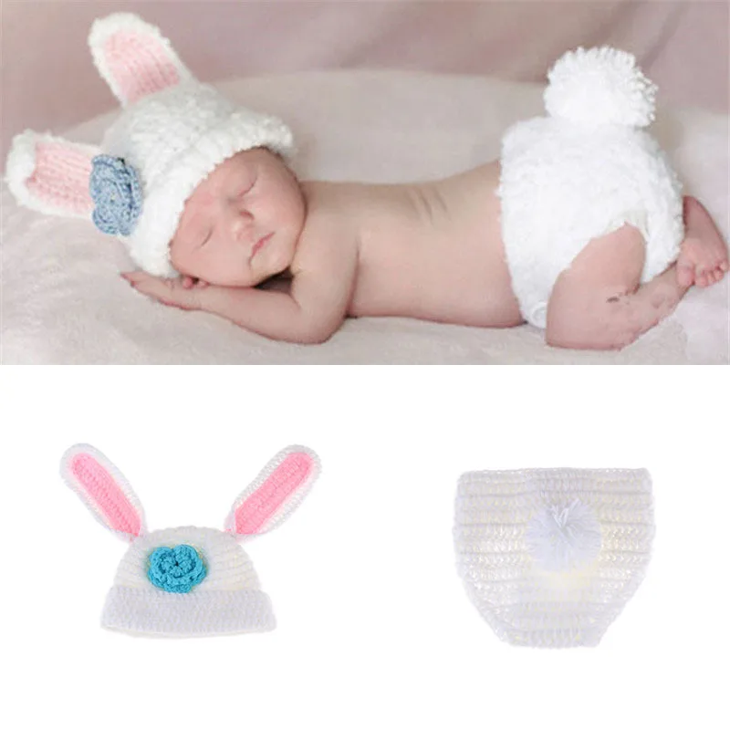 Crochet 0-3 Months 100 Days Newborn Baby Photography Clothing White Rabbit Bunny Shape With Flower Easter Animal Theme