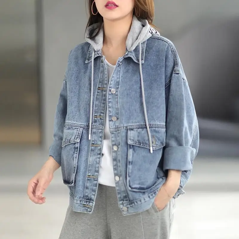 Casual denim jacket Korean version spring autumn loose street versatile fashion hooded single-breasted denim jacket for women