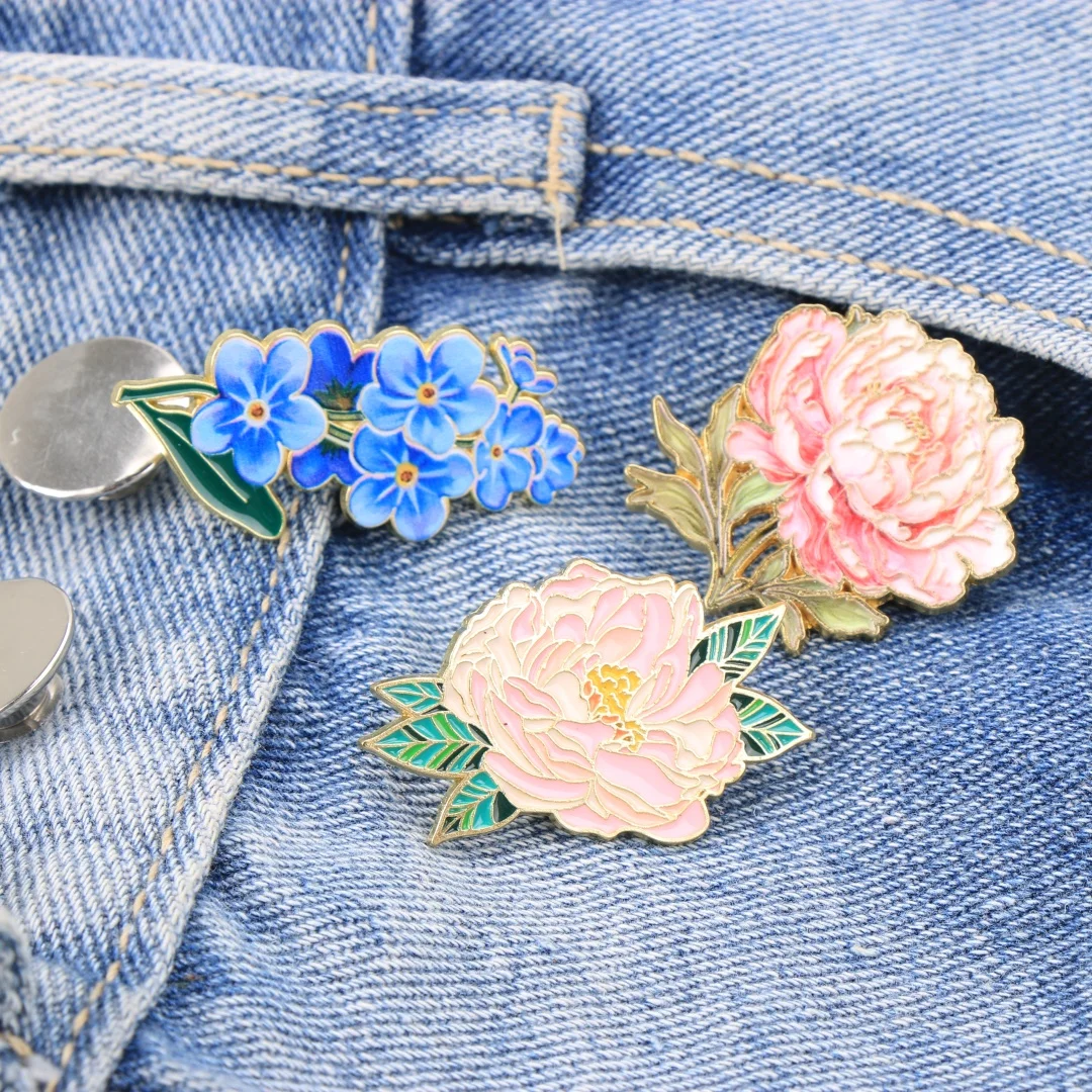 Cartoon Flower Enamel Lapel Pins, Elegant Peony & Forget-Me-Not Brooch Badges for Backpack Clothing DIY Decor Accessories - view 2