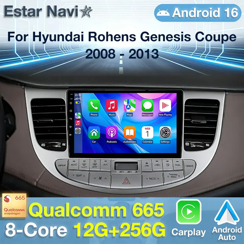 Android 16 For Hyundai Rohens Genesis 2008-2013 Auto Car Radio Multimedia Navigation Wireless BT Carplay 2K QLED Screen DSP RDS