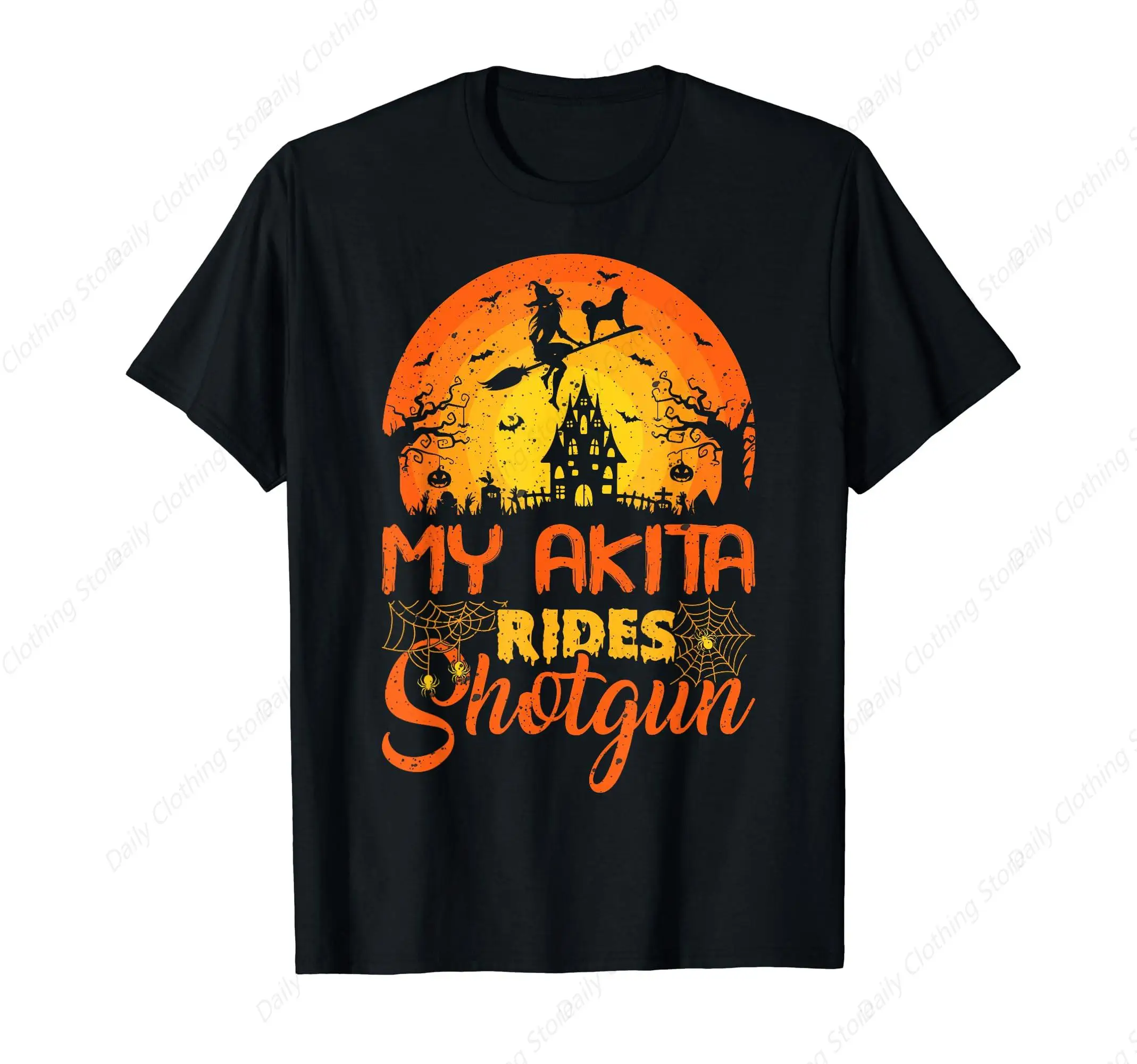 Vintage Sunset My Akita Dog Ride Shotgun Halloween T-Shirt Prevailing Tee Fashion Short Sleeves Sport Leisure Soft Tops