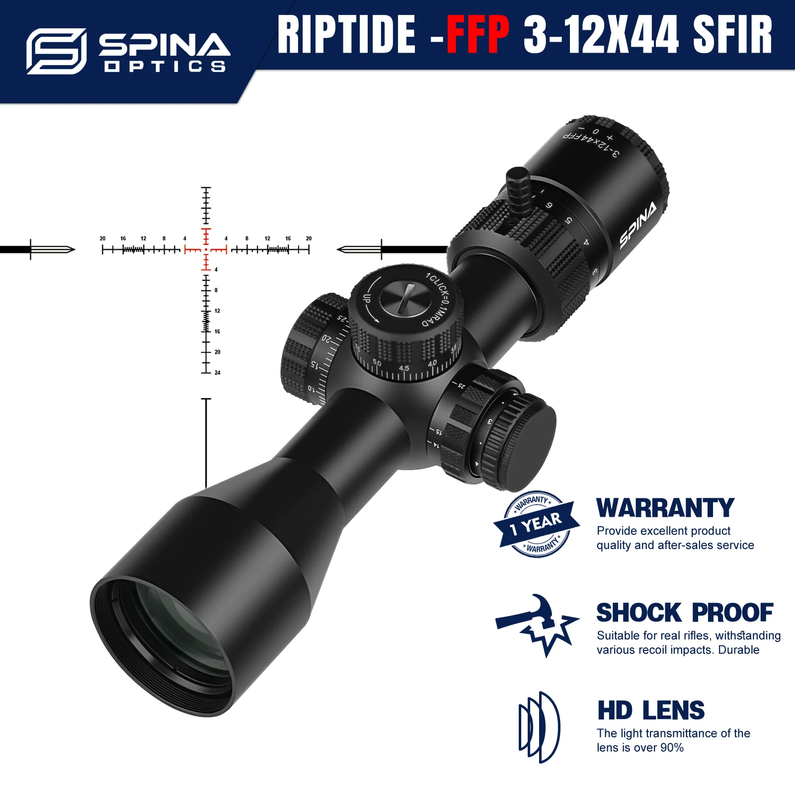 

SPINA OPTICS Riptide 3-12x44 FFP SFIR Compact RifleScope Sight Tactical Hunting Side Parallax Adj Carbine AR15 PCP.308.5.56 22LR