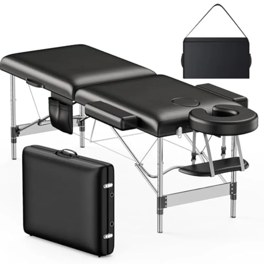 Brelley Massage Table Portable 2-Fold Lash Bed with Side Pocket Adjustable Height Sturdy Aluminum Frame Esthetician Spa Facial