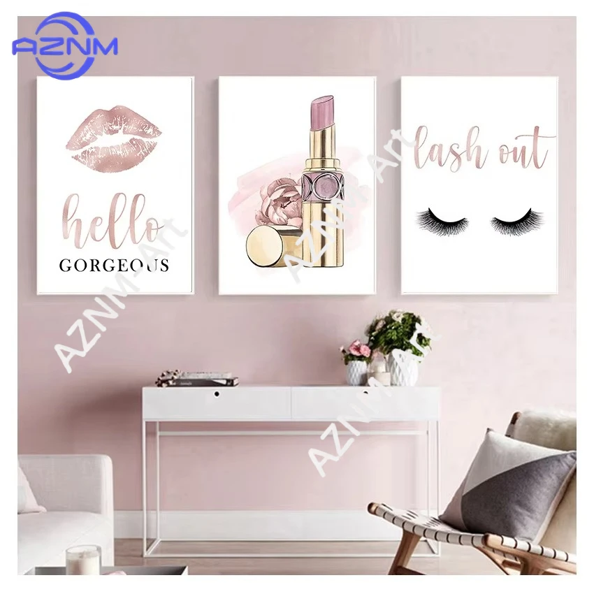 1/3 Stück, Poster und Drucke, „Hello Gorgeous“-Schild, Roségold, Leinwandgemälde, Geschenke, Wandkunst, Dekor, Mode, Wimpern, Lippenstift, Make-up