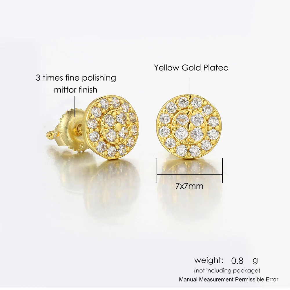Male HipHop Full White Zircon Round Stud Earrings For Men Women Antique Gold Silver Color Small Screw Back Earring Party Jewelry