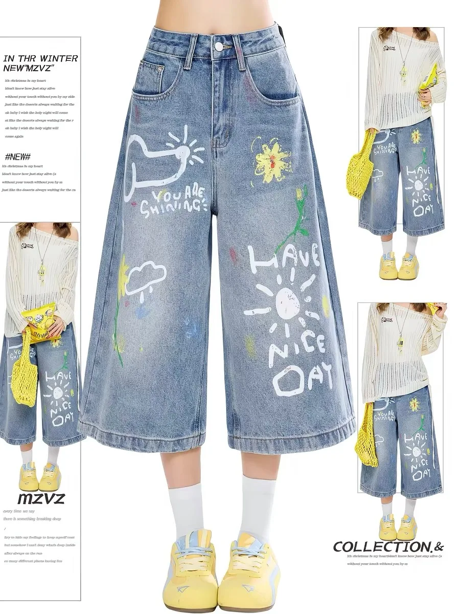 

Cartoon Graffiti Print Denim Jeans High Waist Straight Leg Seven-Foot Women's Summer New Small Size Hip Hop Pants