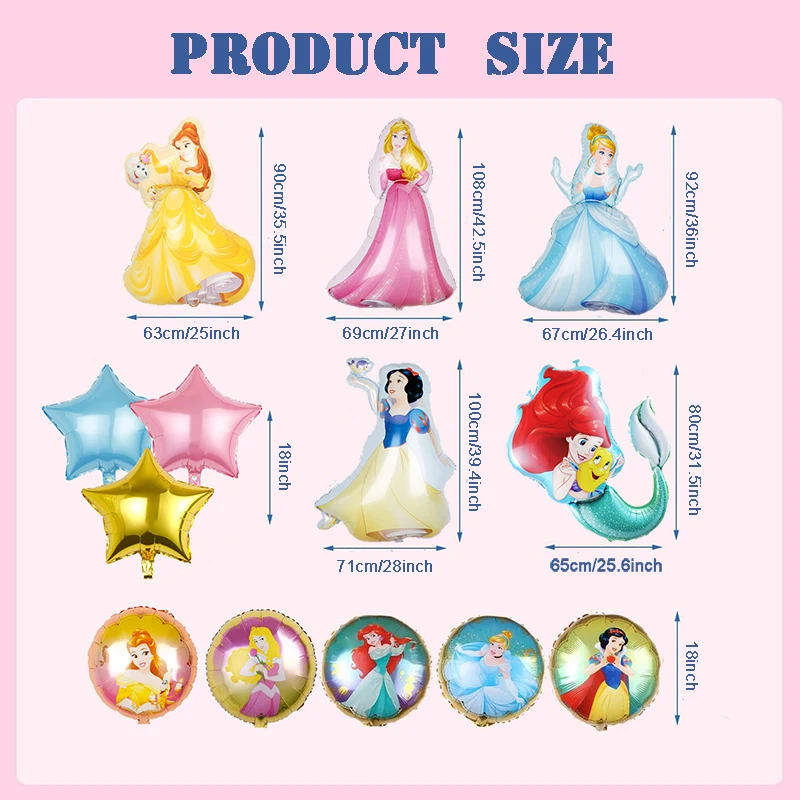 5 Pcs Princess Foil Balloons Set Sleep Beauty Snow White Cinderella Ariel Belle Themed Baby Shower Girl's Birthday Party Decor