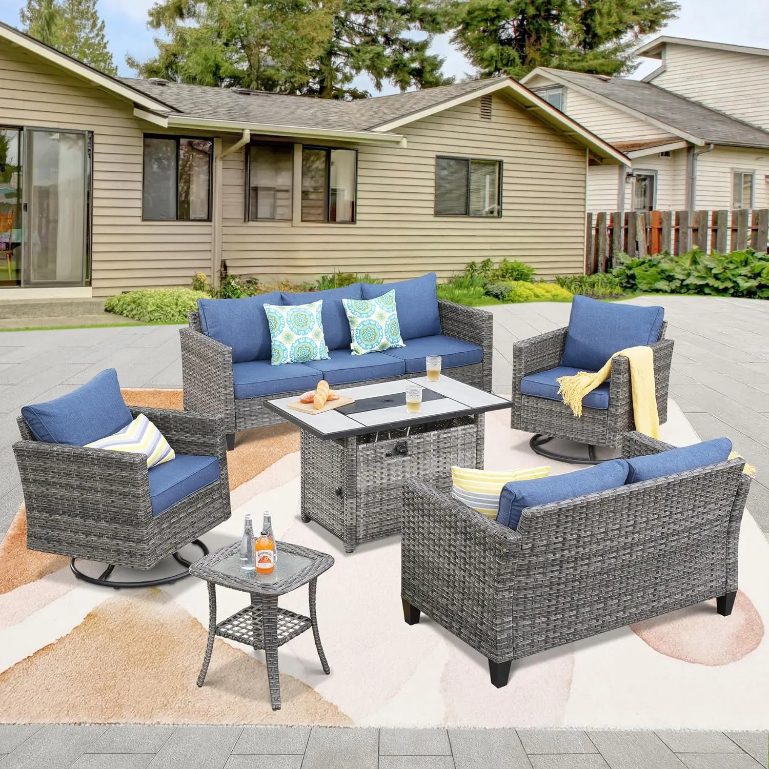 

6 Pieces Patio Furniture Set with Rectangular Fire Pit Table, Swivel Rocking Chairs, Loveseat, Outdoor Wicker Conversation Set