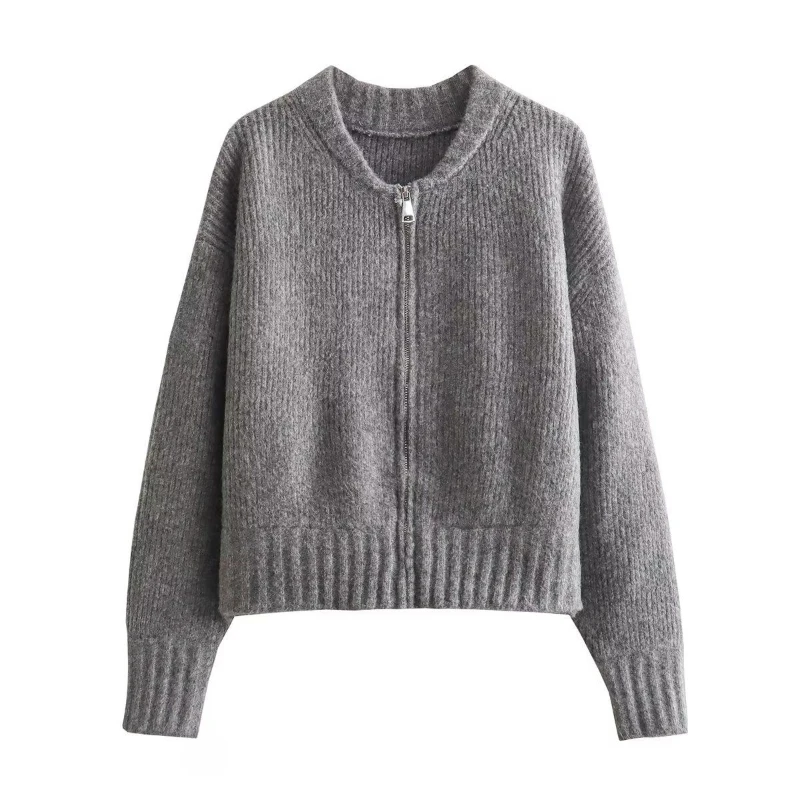 

Deeptown Vintage Grey Knitted Cardigan Women Korean Style Long Sleeve Zipper Sweaters Coats Solid Casual Autumn Winter Cardigans