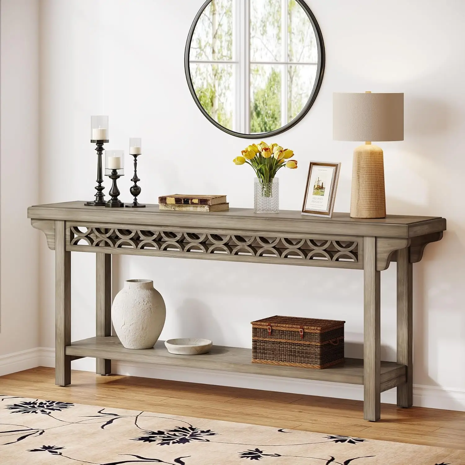 70.8-Inch Solid Wood Long Console Table, Farmhouse Entryway Table with Storage, Narrow Sofa Table Grey Couch Table for Living