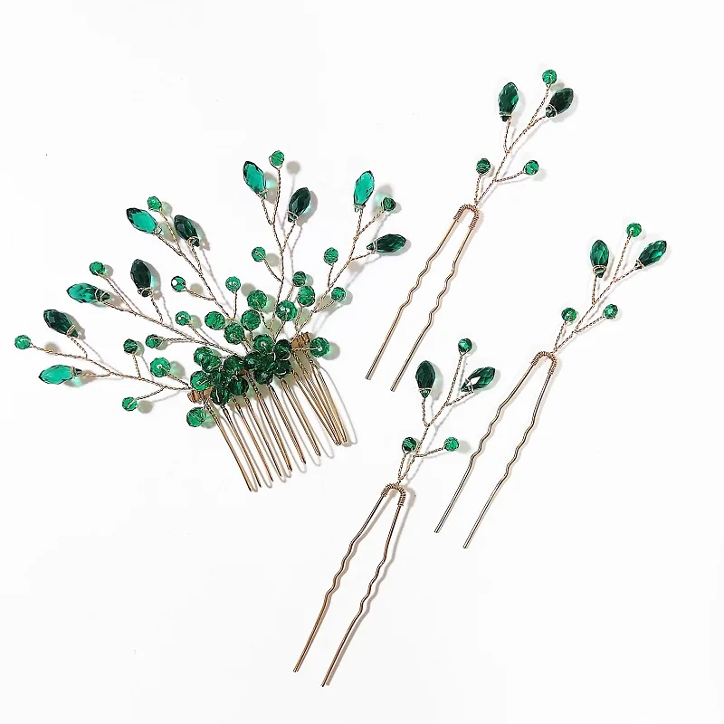 Trendy Green Rhinestone Wedding Hair Combs Hair Accessories for Bridal Crystal Headpiece Hair ornaments Wedding Hair Jewelry