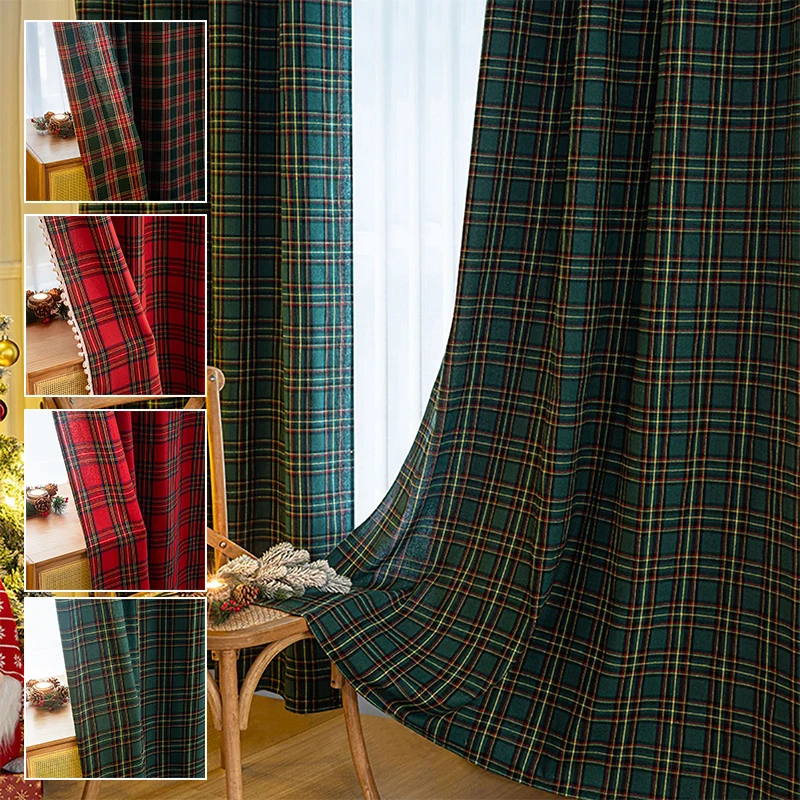 

1pc Half Blackout Red and Green Checkered Curtain Fabric,100% Polyester,hand Washable Modern Style Christmas Curtain Decoration