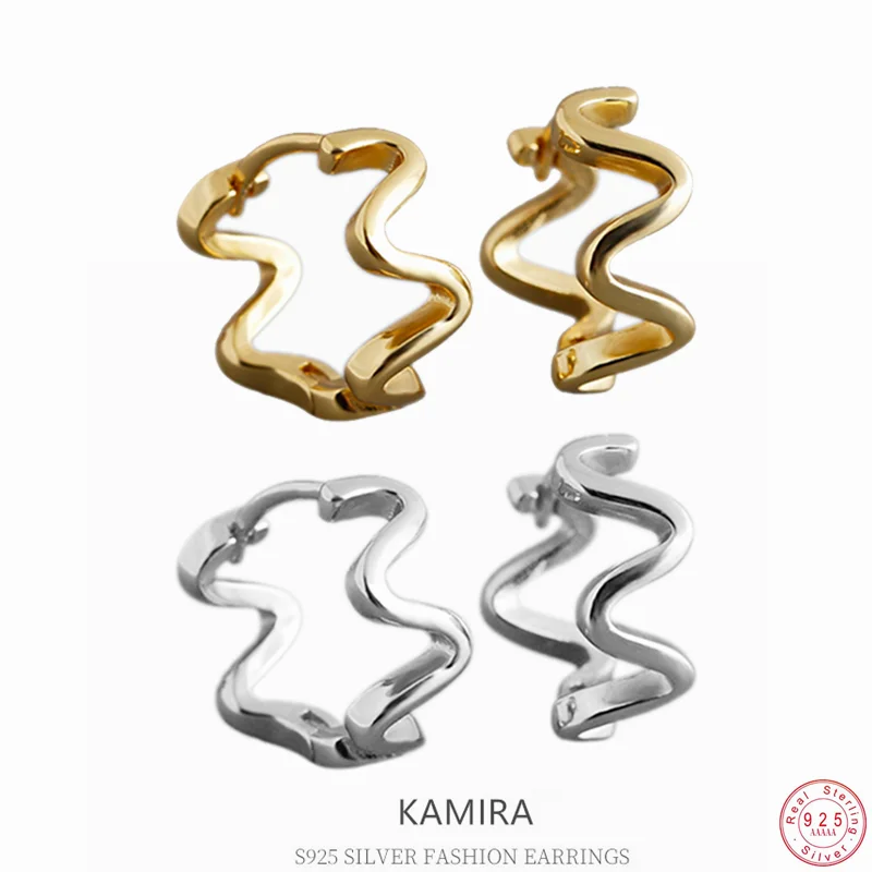 

KAMIRA Real 925 Sterling Silver Elegant Chic Design Wavy Hug Hoop Earrings for Women Party Minimalist Fashion Delicate Jewelry