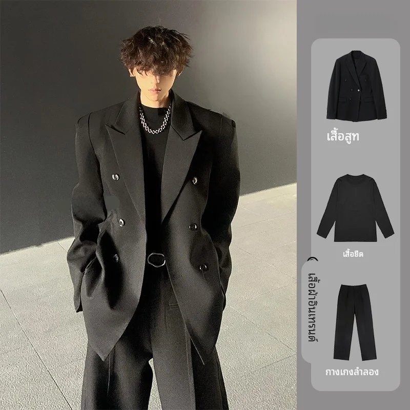 

Мужской повседневный костюм для шафера, двубортный, с отложным воротником, утолщенный, стандартный крой, весенний, молодежный стиль, рукав 7/8