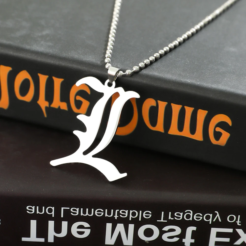 Death Note L Letter Necklace Creative Fashion Stainless Steel Beads Chain Pendant Cosplay Jewelry Gift for Anime Fans view 2
