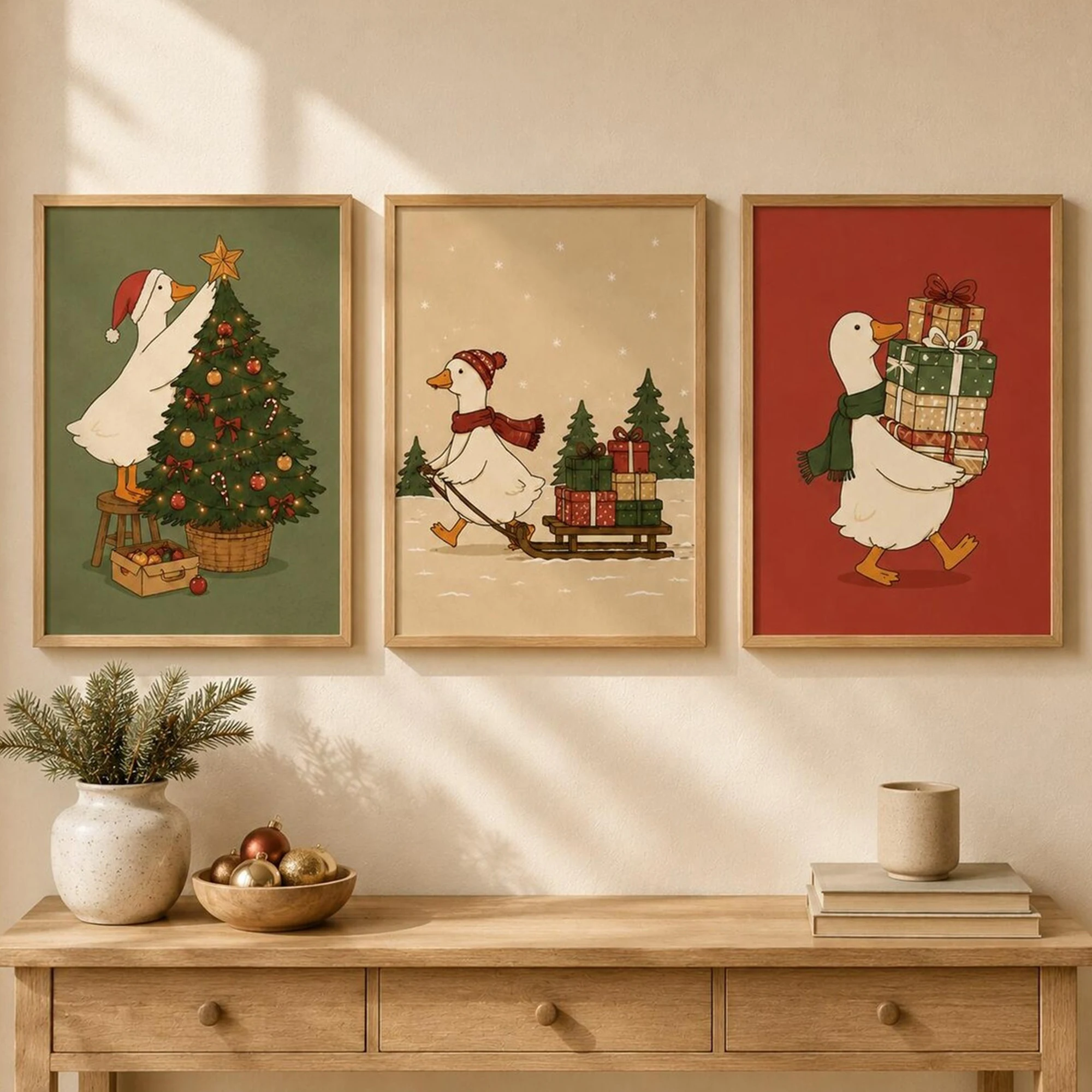 3pcs Modern Christmas Duck Delivering Gifts Wall Art Print Canvas Painting Poster Picture For Living Room,Bedroom Home Decor