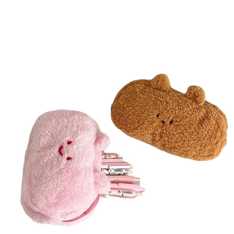 Estojo de lápis Kawaii Plush, Saco de lápis animal dos desenhos animados, Saco de armazenamento de papelaria de alta capacidade