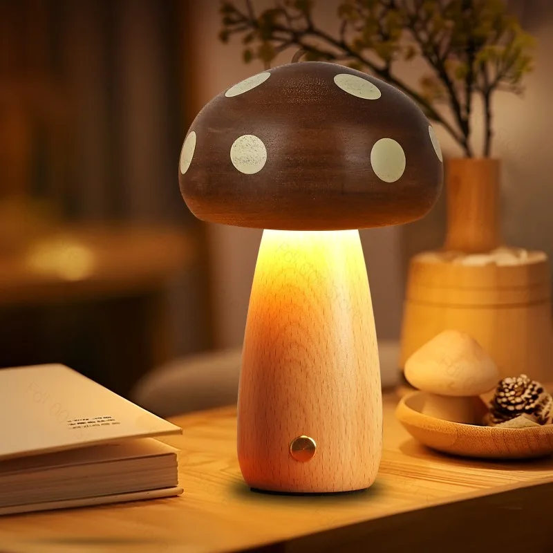 Ins Style Solid Wood Mushroom LED Desk Lamp Beech Material Decorative Bedside Ornament for Children Girls Gift Night Lighting
